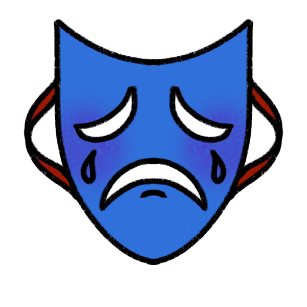 a blue mask with a sad face and red ribbon.